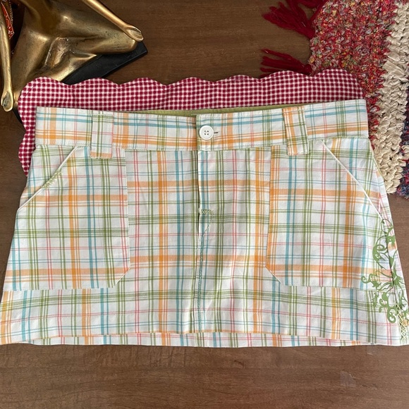 Micro Mini Skirt y2k Cargo Pastel Plaid Snap Pockets Boho Hippie Detail - Picture 3 of 16